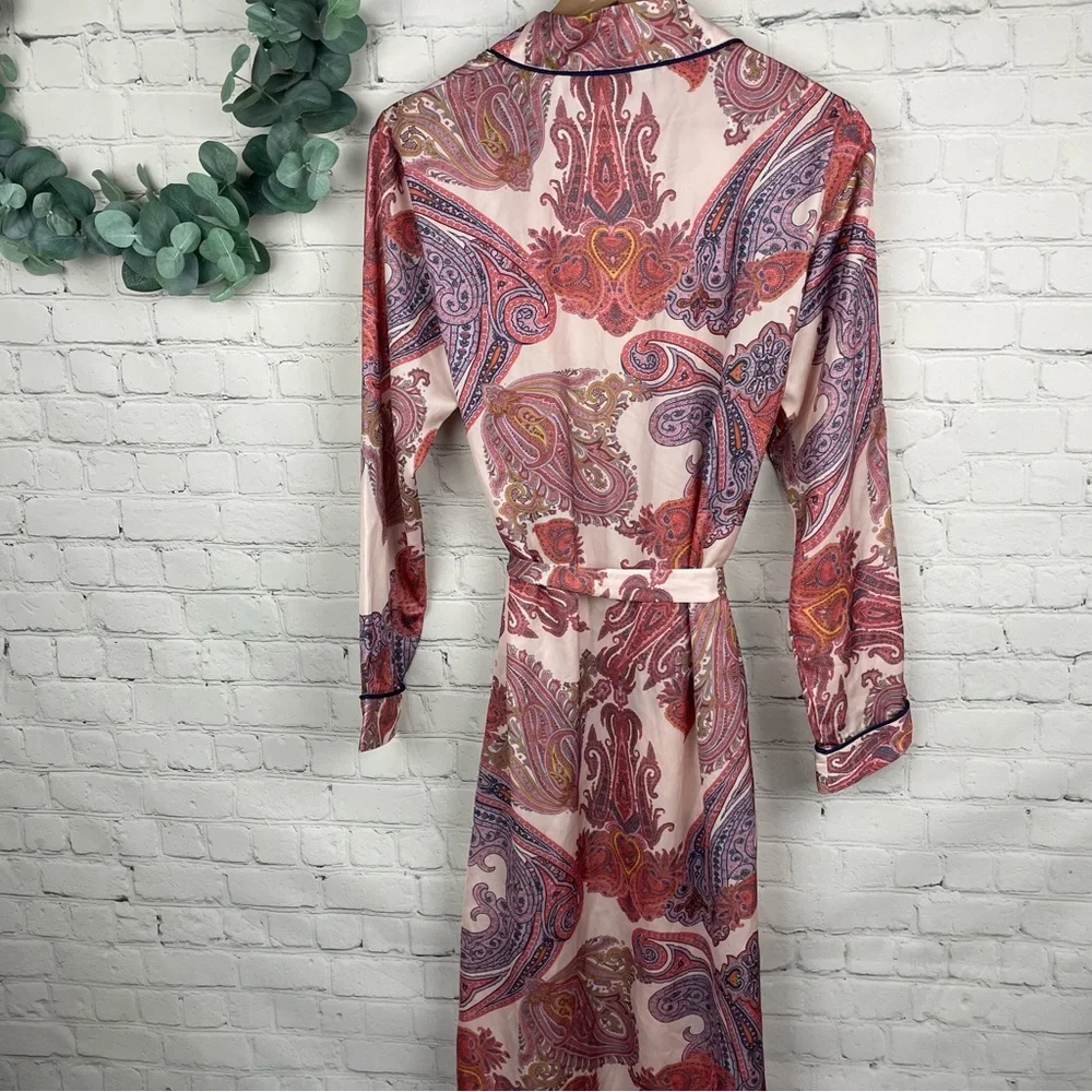 LULUS Fiji Blush Pink Paisley Print Satin Robe with Tie size small